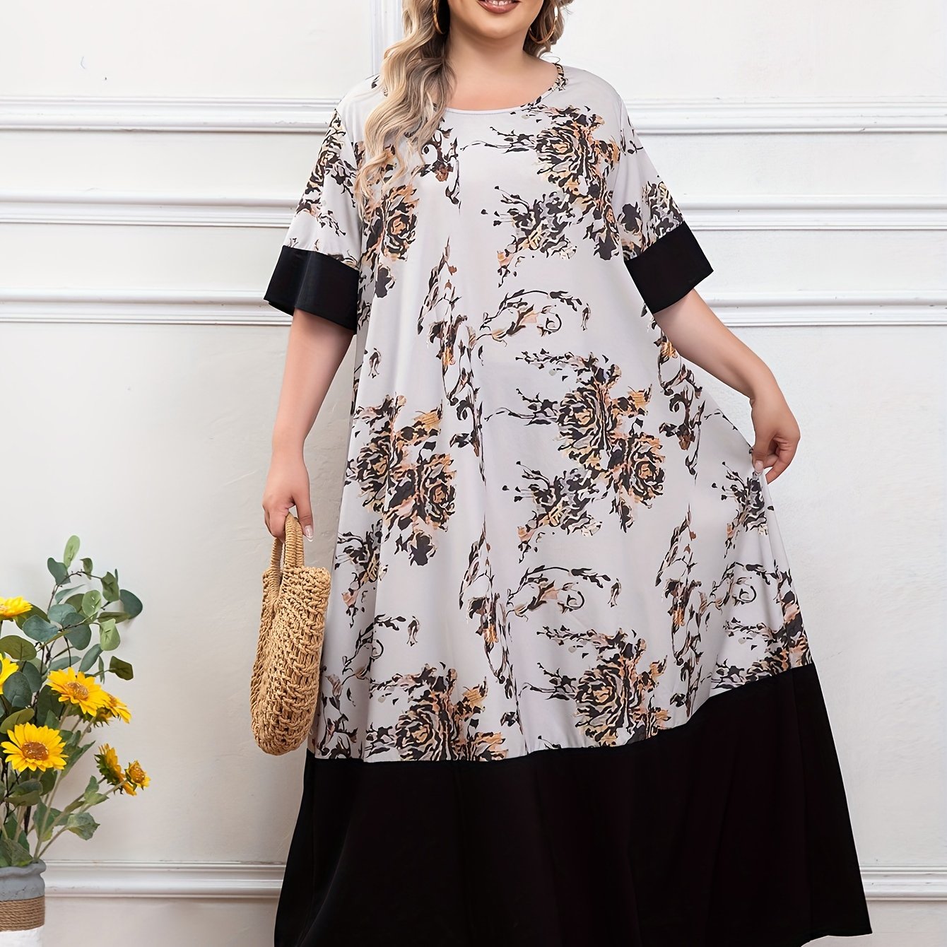 Plus Size Floral Print Dress Short Sleeve Crew Neck Longline Summer Women's Clothing