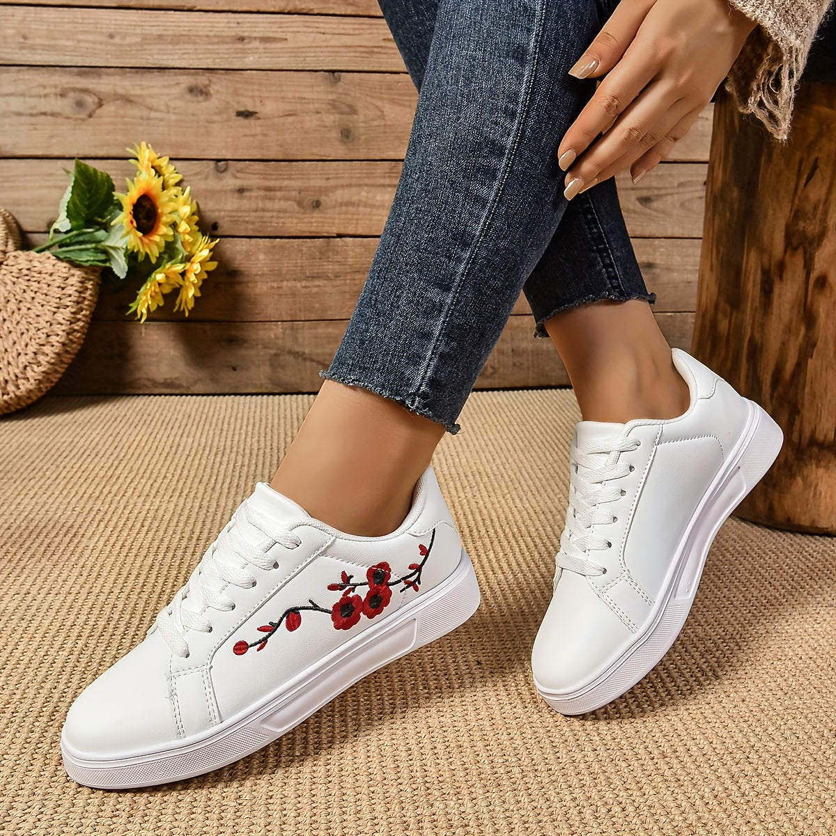 Zapatillas femeninas con bordado floral, ligeras, para todas las estaciones, de caña baja
