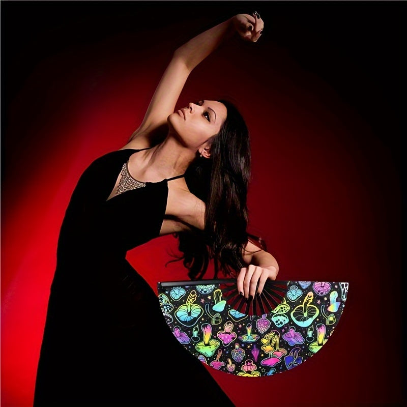 Glow UV Rave Hand Fan Large Folding Festival Party Halloween Carnival Rainbow