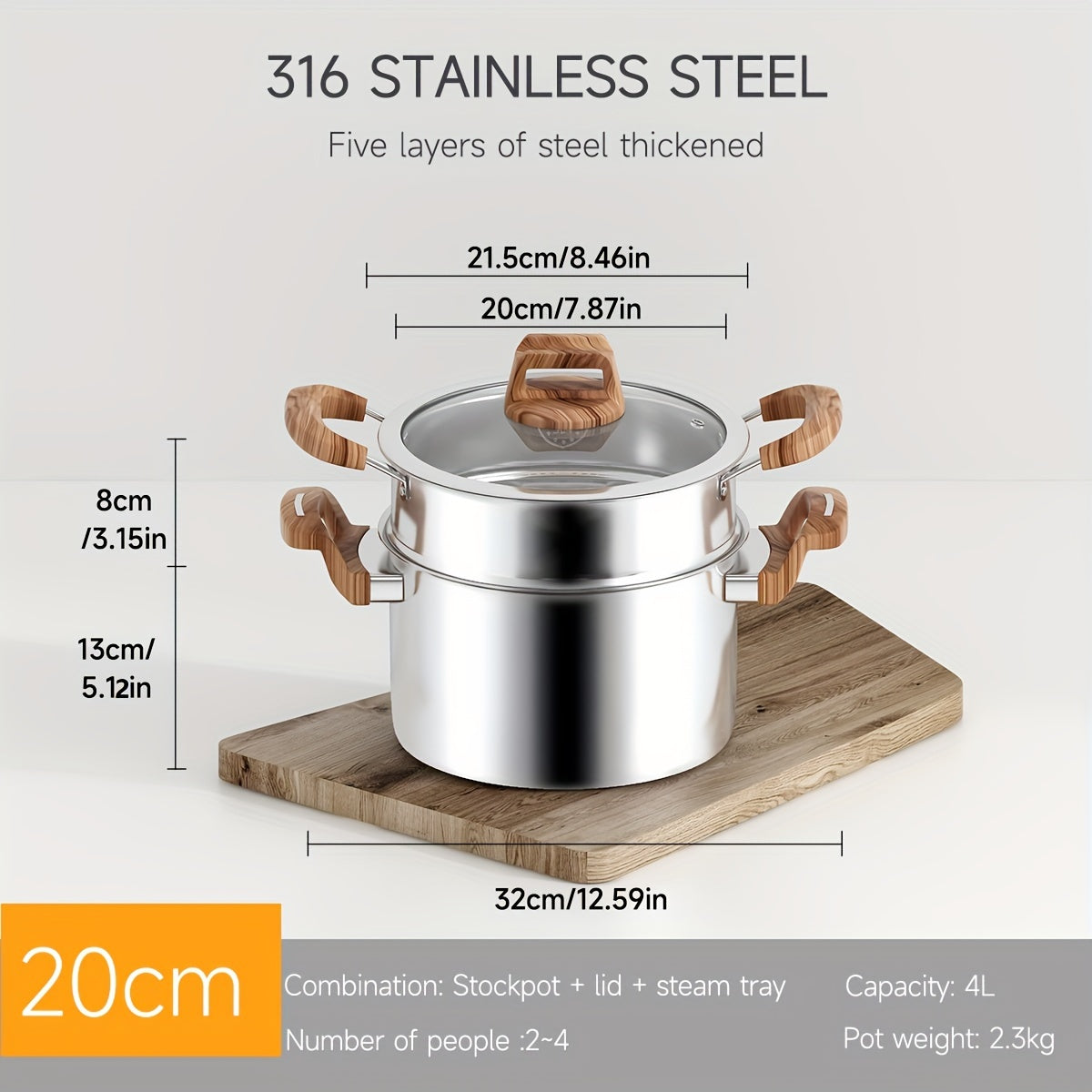 Five-Layer Steel Soup Pot with Steamer Non-Stick Induction Compatible 316 Stainless Steel