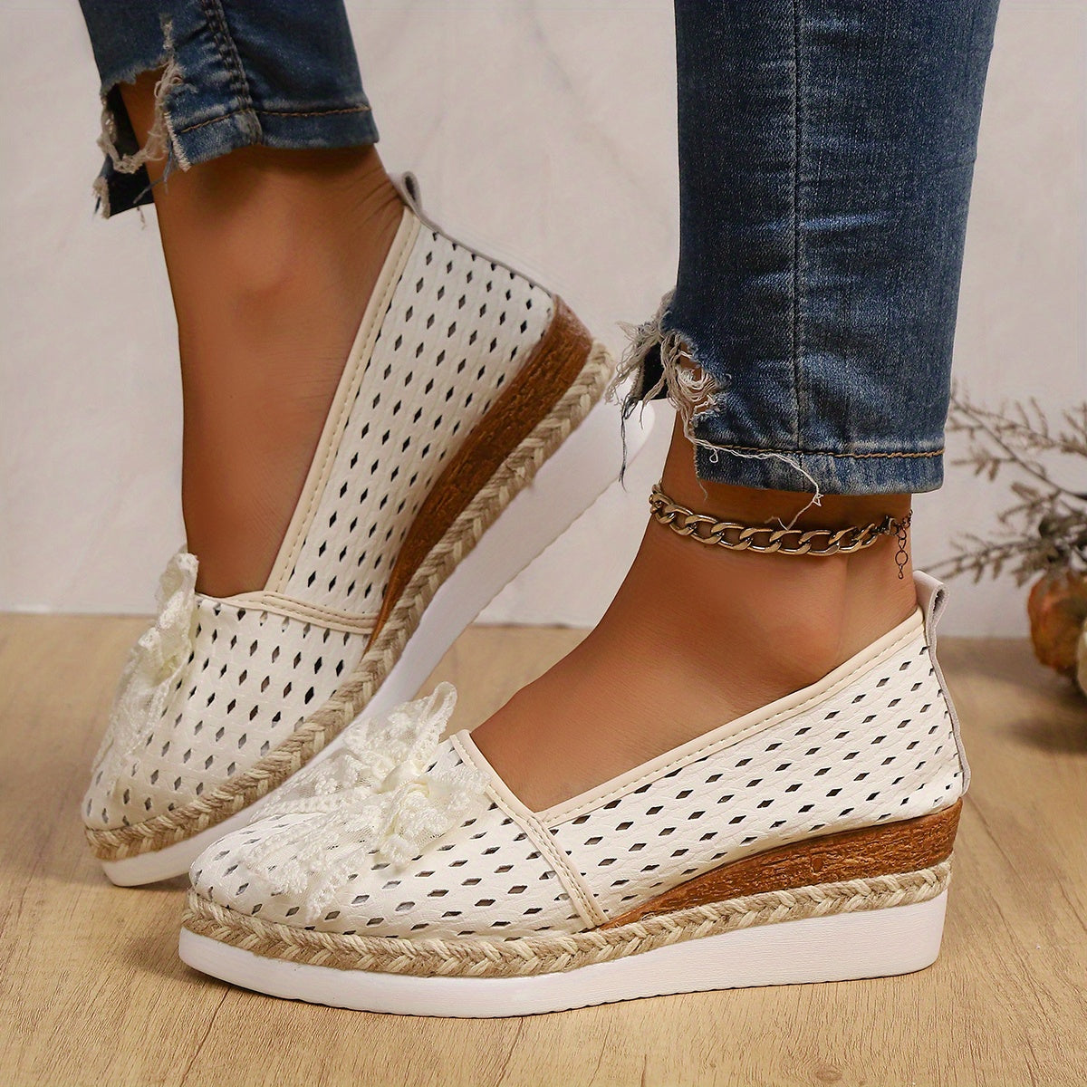 Women's White Lace-Up Wedge Loafers with Bow Pointed Toe All-Season Comfort