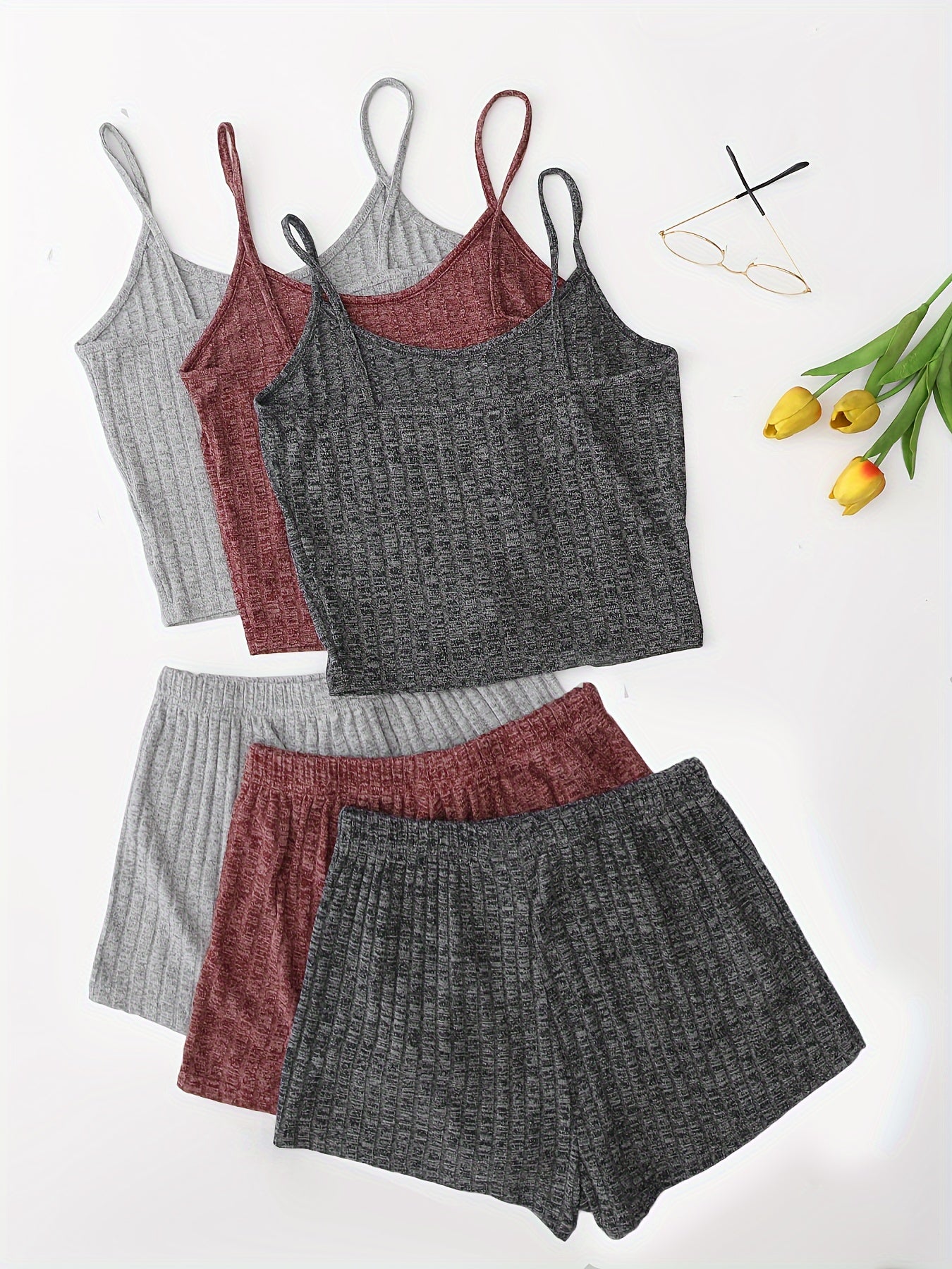Women's 3-Piece Pajama Set Solid Cami Top Lace-Up Shorts Sleepwear Lounge Wear