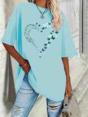 Plus Size Women's Light Blue Floral Heart T-Shirt Casual Short Sleeve Loose Fit