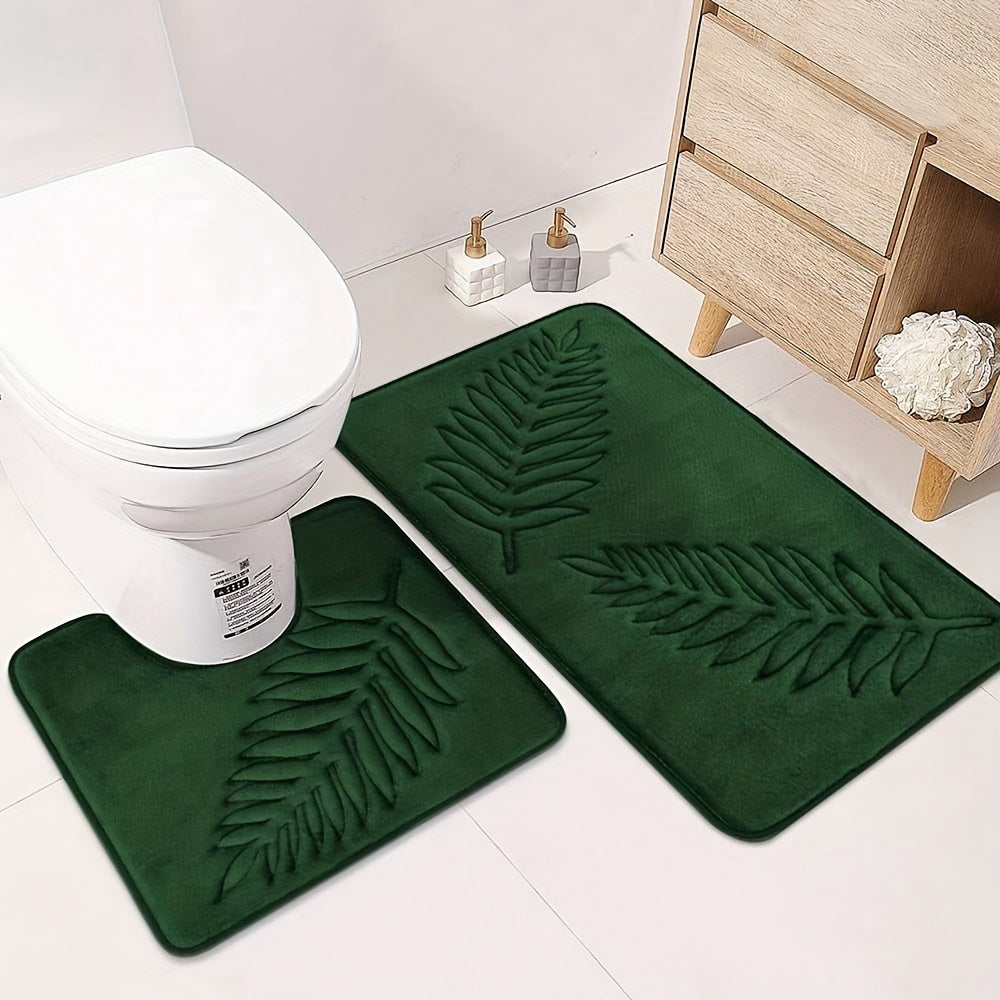2-Piece Plush Memory Foam Bathroom Mats Non-Slip Absorbent Fern Leaf Design