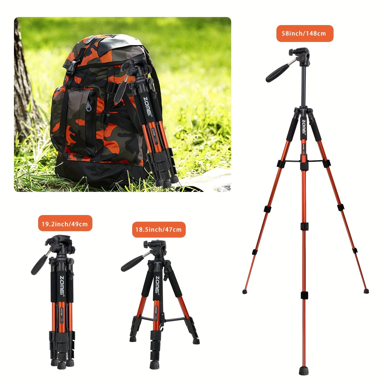 139.7 cm Aluminum Camera Tripod Portable Orange with Travel Bag