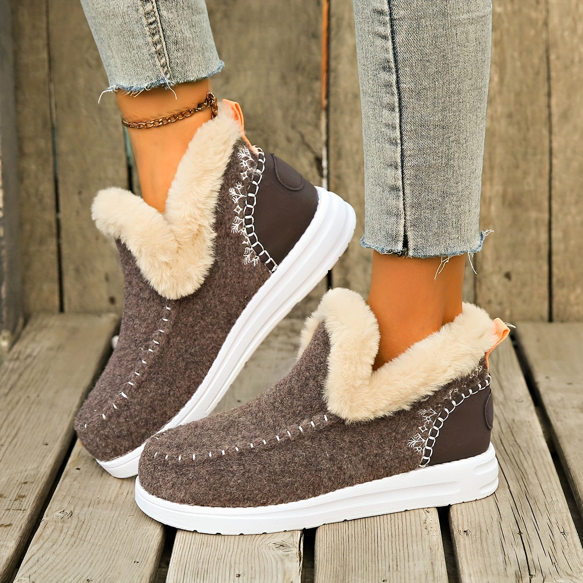Women's Plush-Lined Ankle Boots Warm Faux Furry Casual Slip-On Shoes