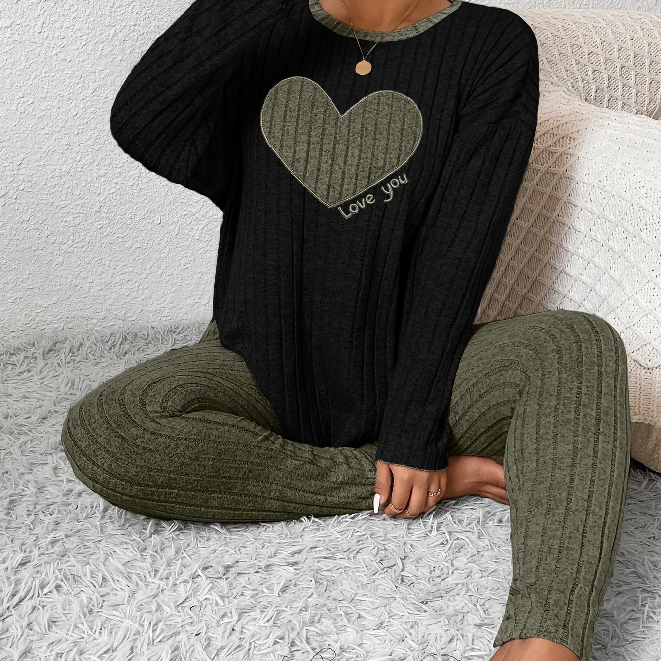 Plus Size Heart Fitted Long Sleeve and Long Pants Loungewear Set