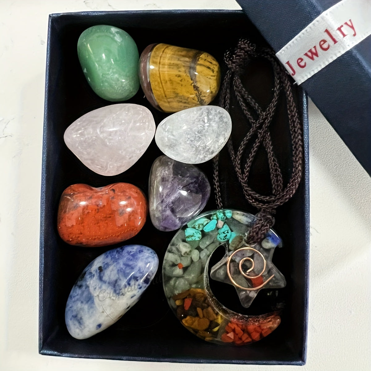 Set of 8 Natural Stone Pendants with Necklace Gift Box for Men and Women