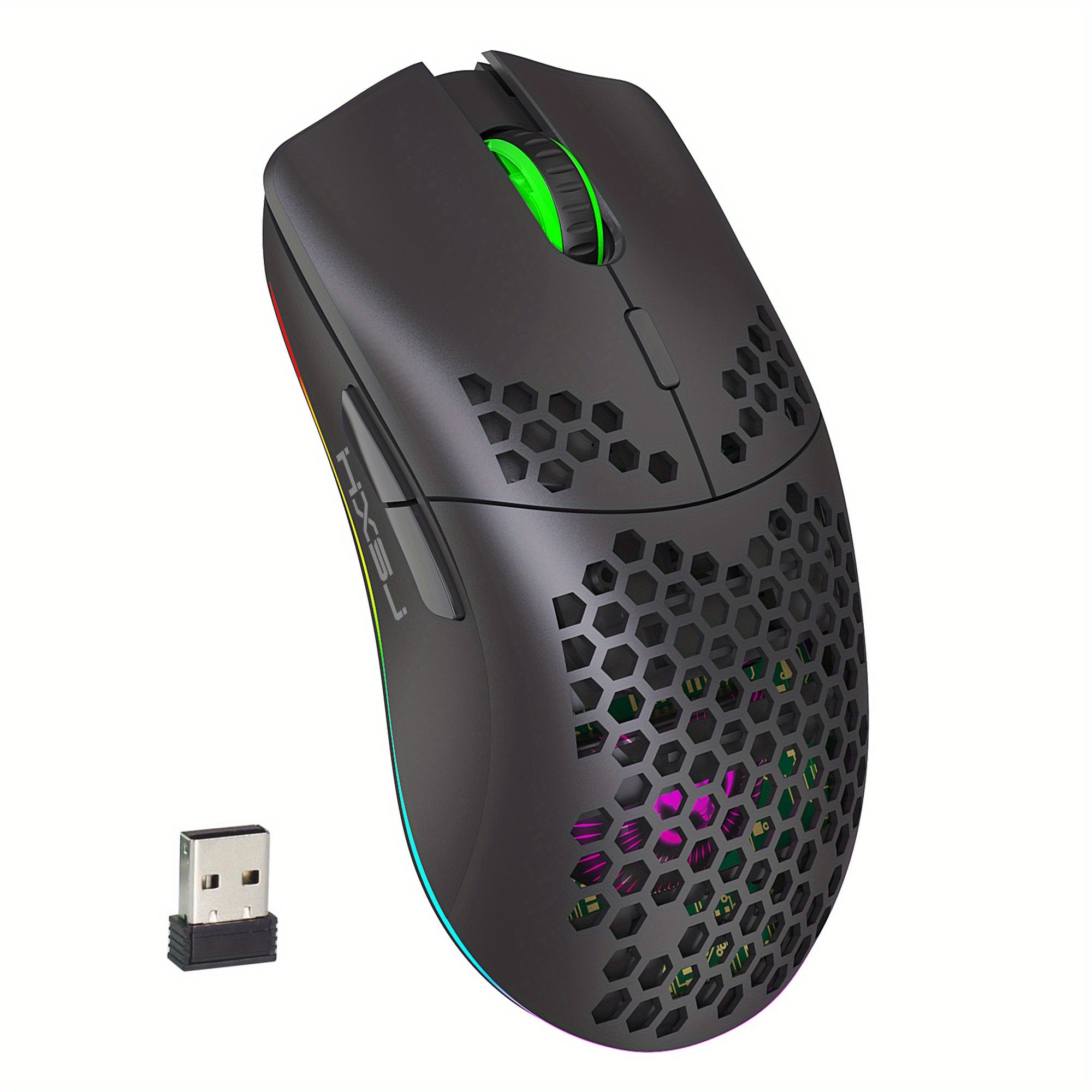 Wireless Gaming Mouse RGB Lighting Rechargeable Honeycomb Design USB Plug and Play Right-Handed White