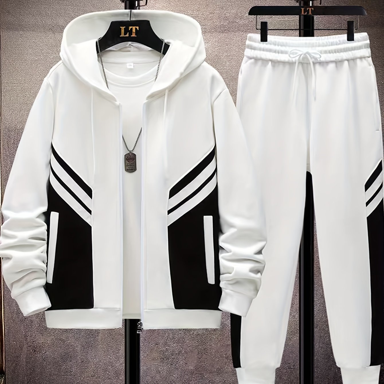 Men's Casual Color Block Polyester Hooded Suit Set with Long Sleeves