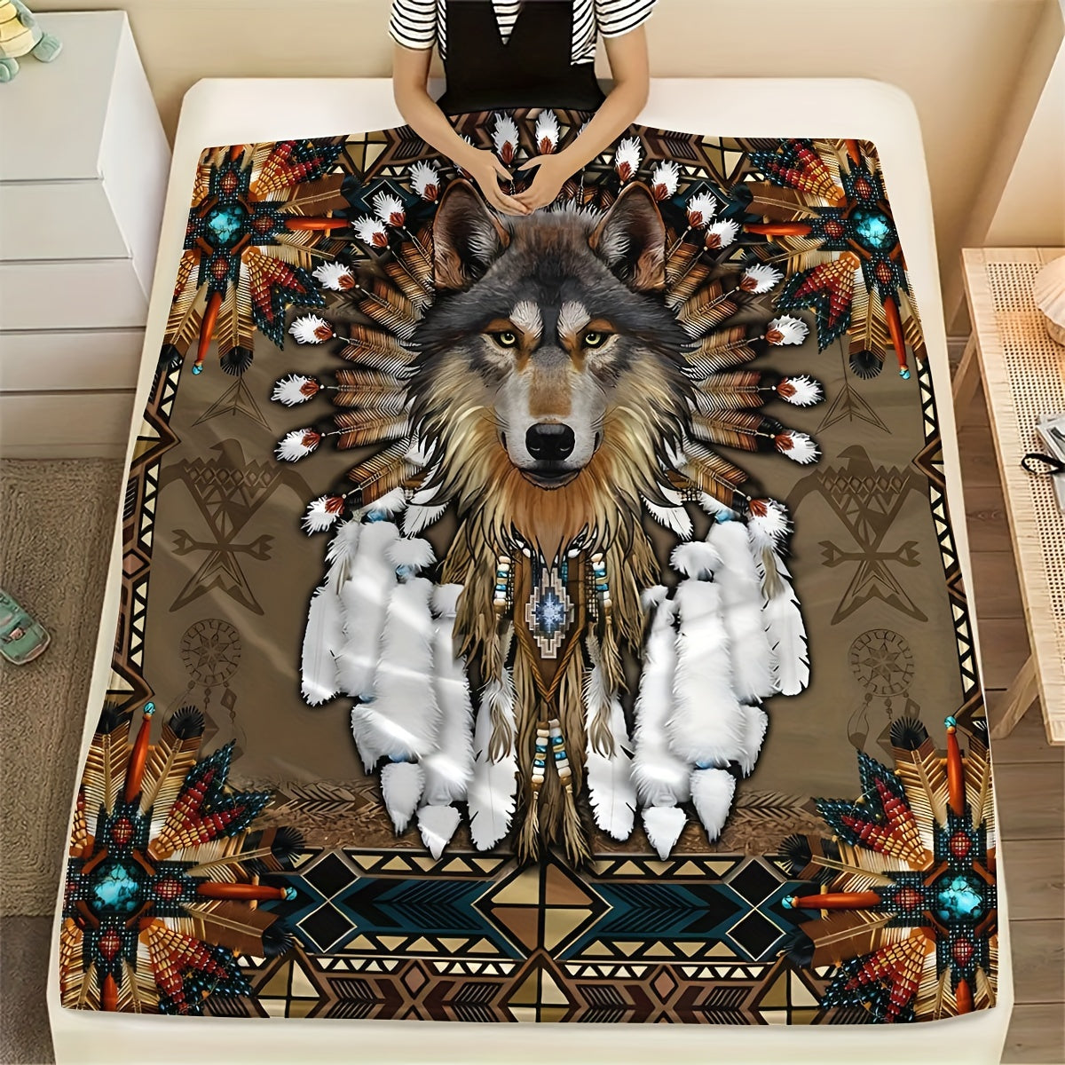 Charming Wolf Design Flannel Fleece Blanket with Rustic Native American Style, Digital Print, Cozy and Warm Throw for Home Decor, 1 Piece