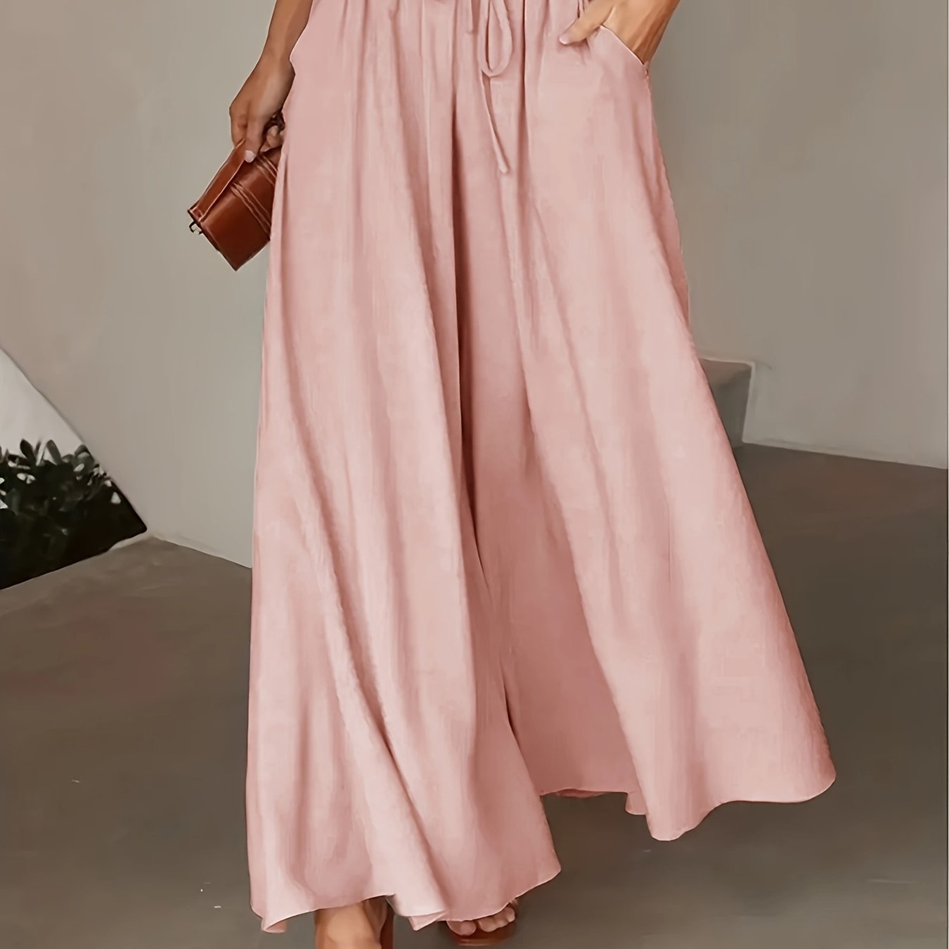 Pantalones de pierna ancha para mujer con cintura elástica y lazo para primavera y verano casual