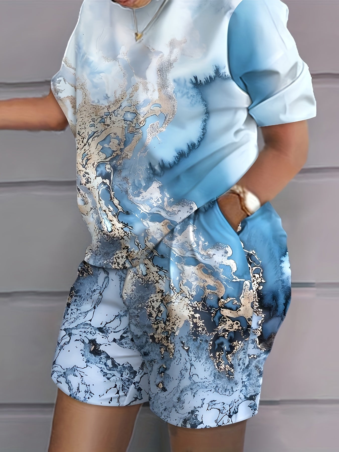 Conjunto de dos piezas de manga corta y estampado para mujer talla grande en poliéster casual