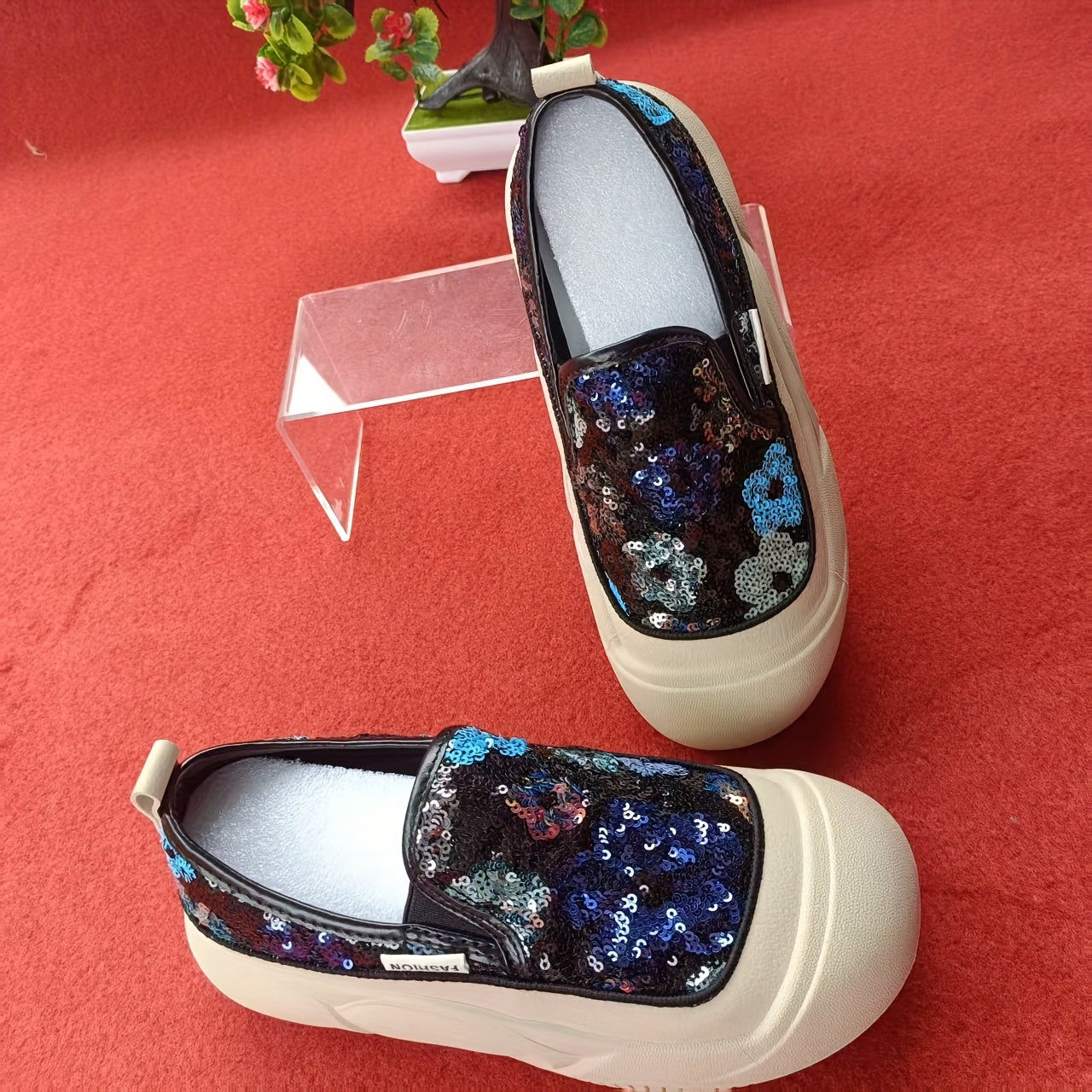 Women's Floral Glitter Casual Sneakers with Cushioned Insole and Rubber Sole