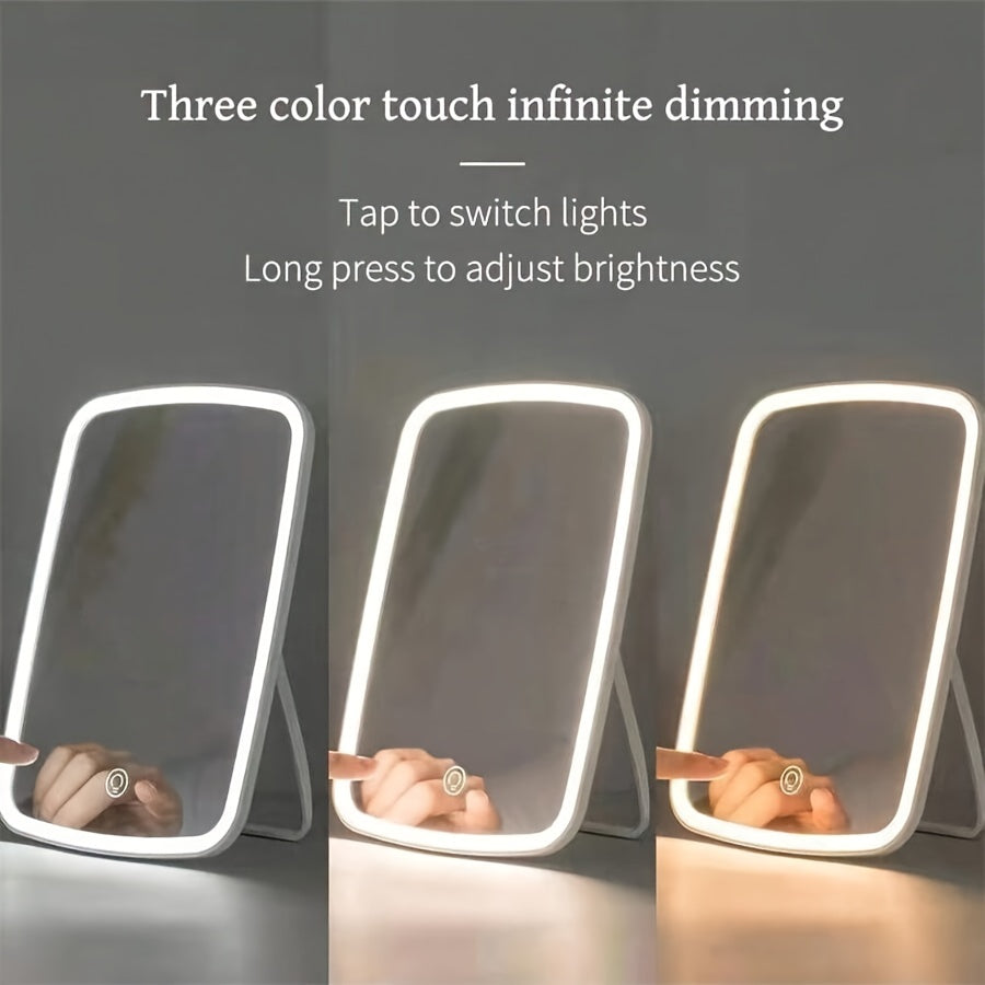 Portativ LED makiyaj oynasi, sozlanadigan sensorli ekran, USB orqali zaryadlanadigan batareya, ko'zga tashlanmaydigan yoritish va yorqinlikni boshqarish. Sayohat, hammom, yotoqxona va yotoq xonasi bezatish uchun mukammal. Ideal