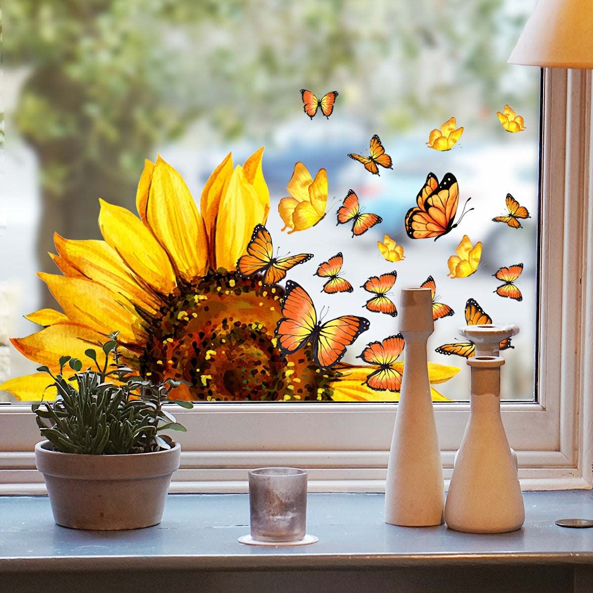 Double-Sided Sunflower Butterfly Window Decal Reusable PVC Sticker for Bedroom and Study