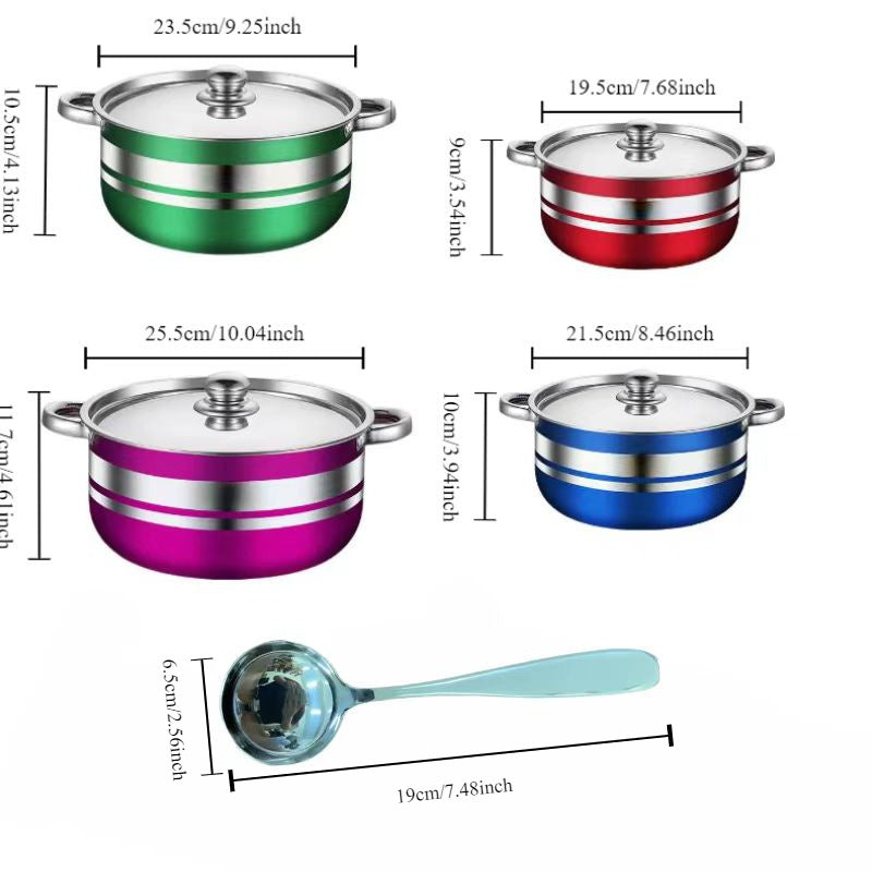 4-Piece Colorful Stainless Steel Cookware Set with Lids and Serving Spoon