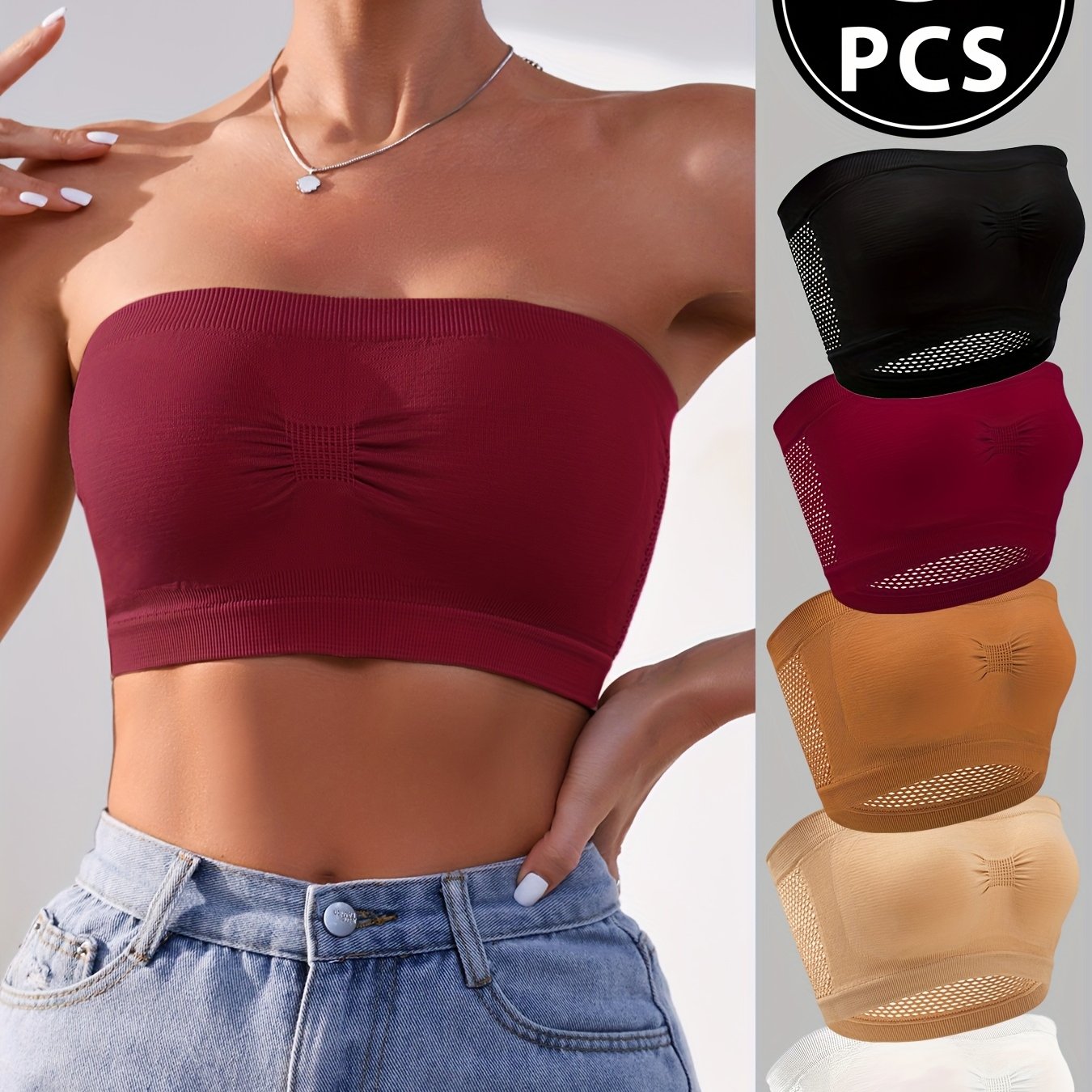 Women's Solid Color Tube Top 5-Pack Mesh Seamless High Elasticity
