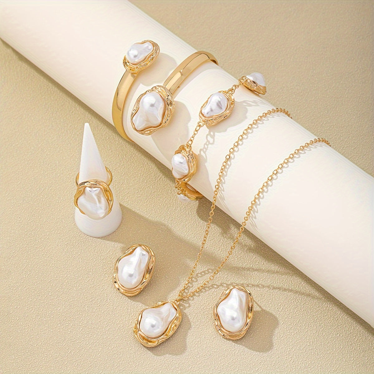 Women’s 14K Gold Plated Jewelry Set with Faux Pearls Necklace Earrings Ring Bangle