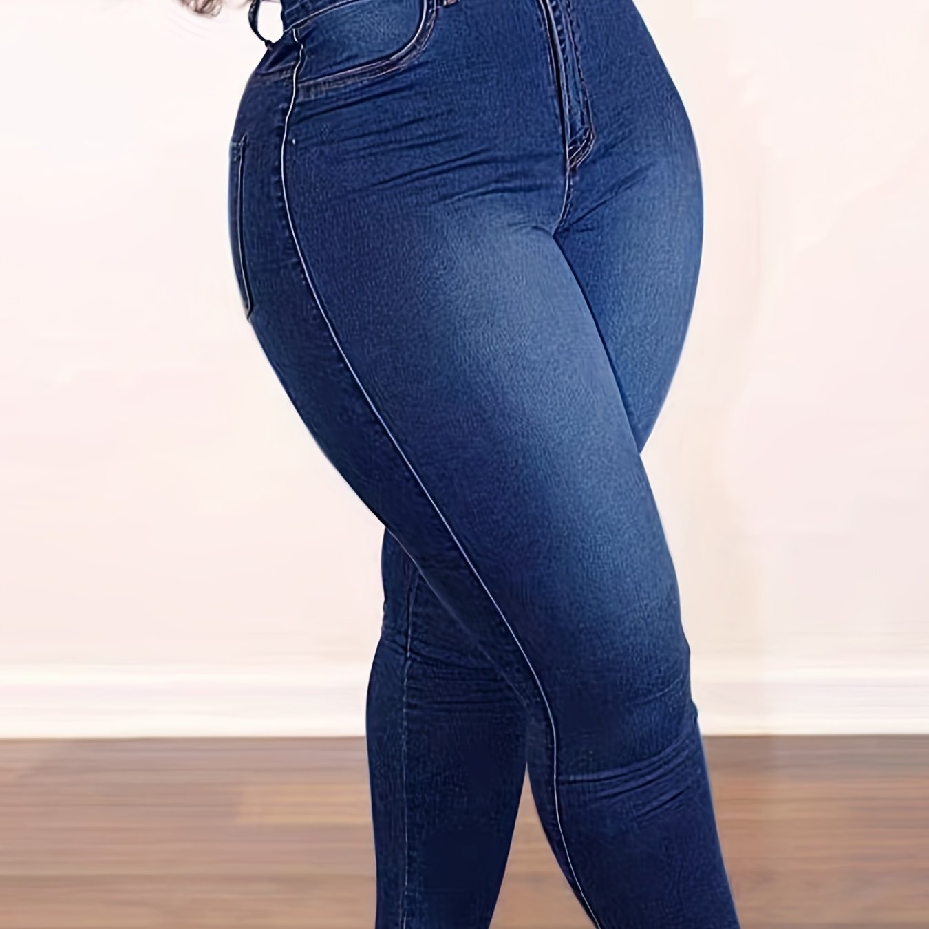 Plus Size Women's High-Waist Blue Denim Jeans Casual Slim Fit Long Length