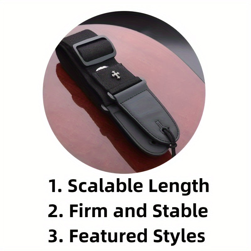 Correa de guitarra eléctrica con patrón de cruz vintage y bolsillo para púas para guitarra acústica, folk, bajo, ukelele