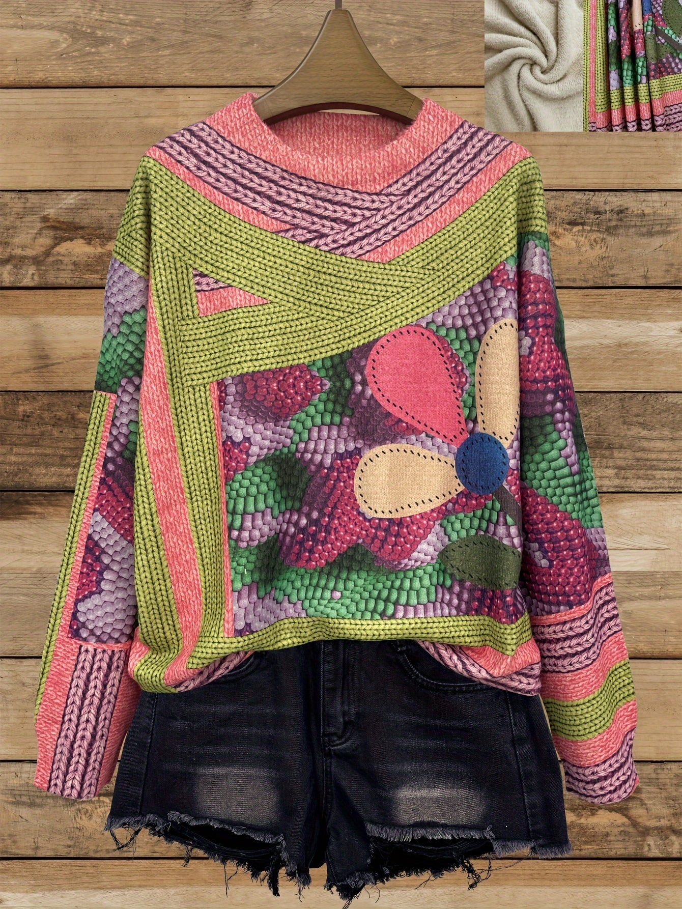 Plus Size Women's Thick Knit Sweater All-Over Print Casual Long Sleeve Pullover