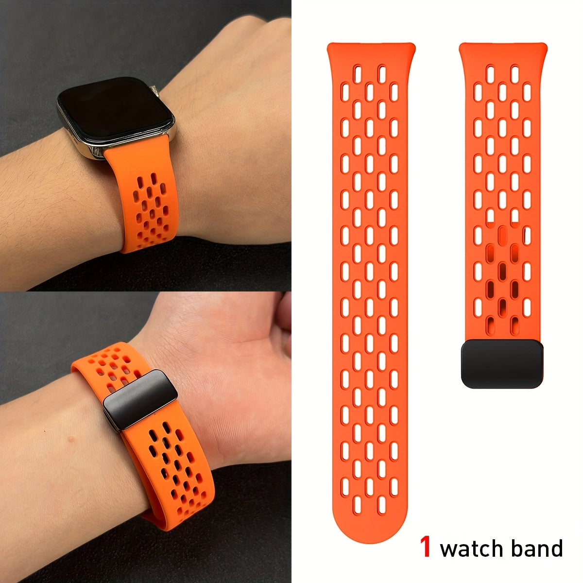 Silicone Watch Strap Breathable Multi-Hole Magnetic Folding for Fitness Tracker