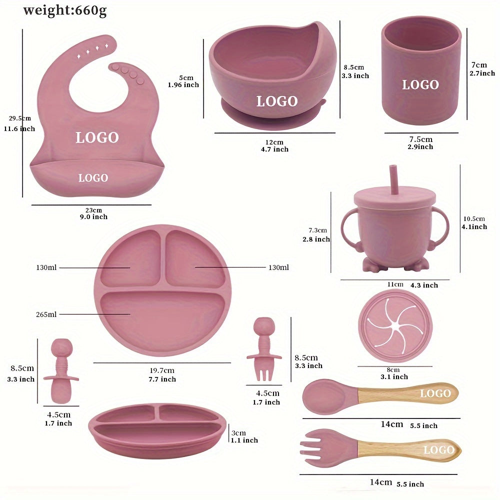 Baby Feeding Set 9 Pieces Silicone Bib Spoon Fork Suction Plate Bowl Cups for Infants