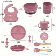 Набор для кормления малыша, 9 предметов: силиконовый нагрудник, ложка, вилка, присоска, тарелка, блюдце, чашки для младенцев