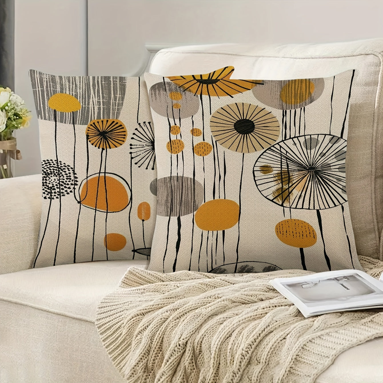 Set of 2 Dandelion Print Linen Pillowcases 45.72x45.72 cm Zippered Bed Sofa Decor
