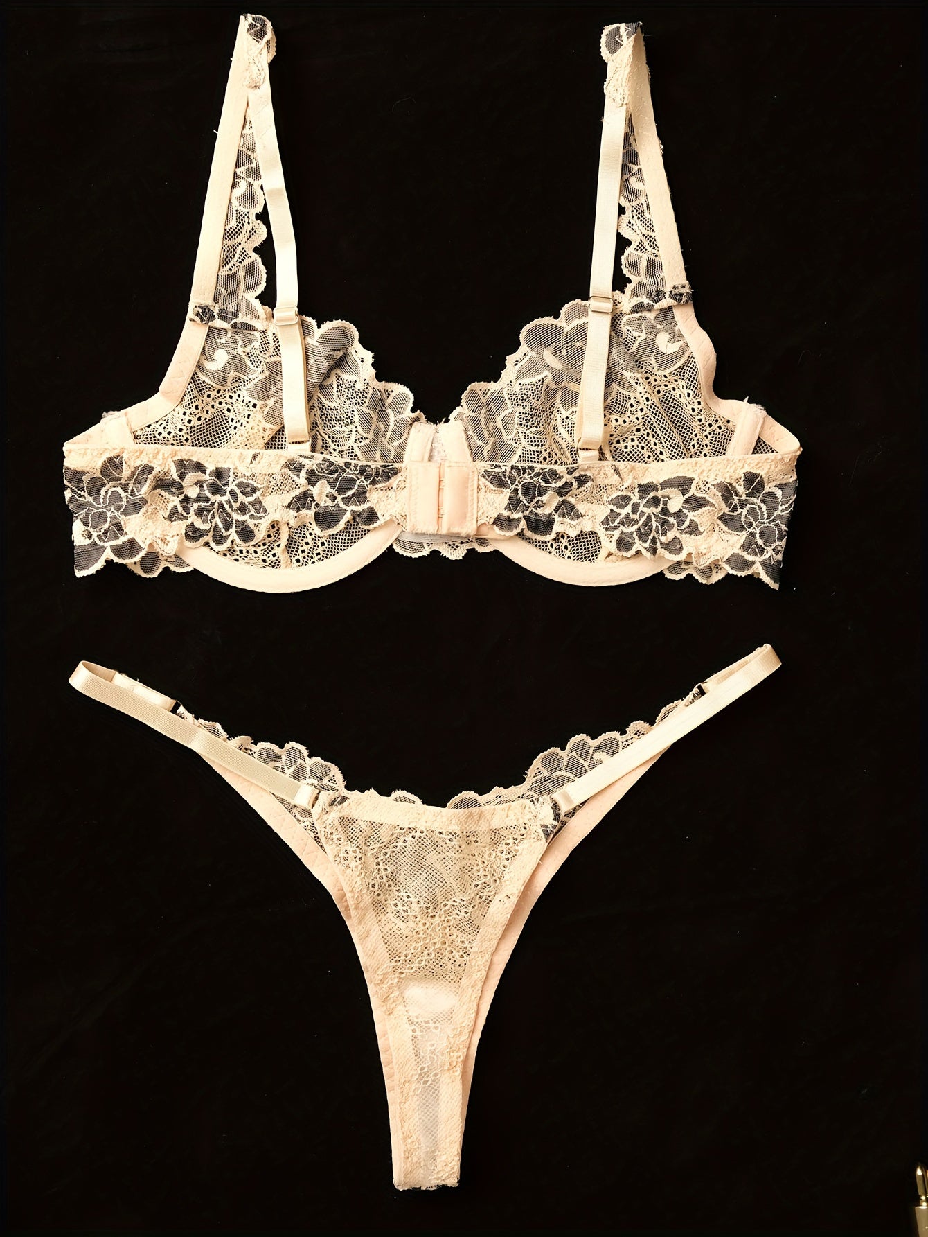 Women's Romantic Lingerie Set with Apricot Lace and Green Floral Underwire Bra and Thong