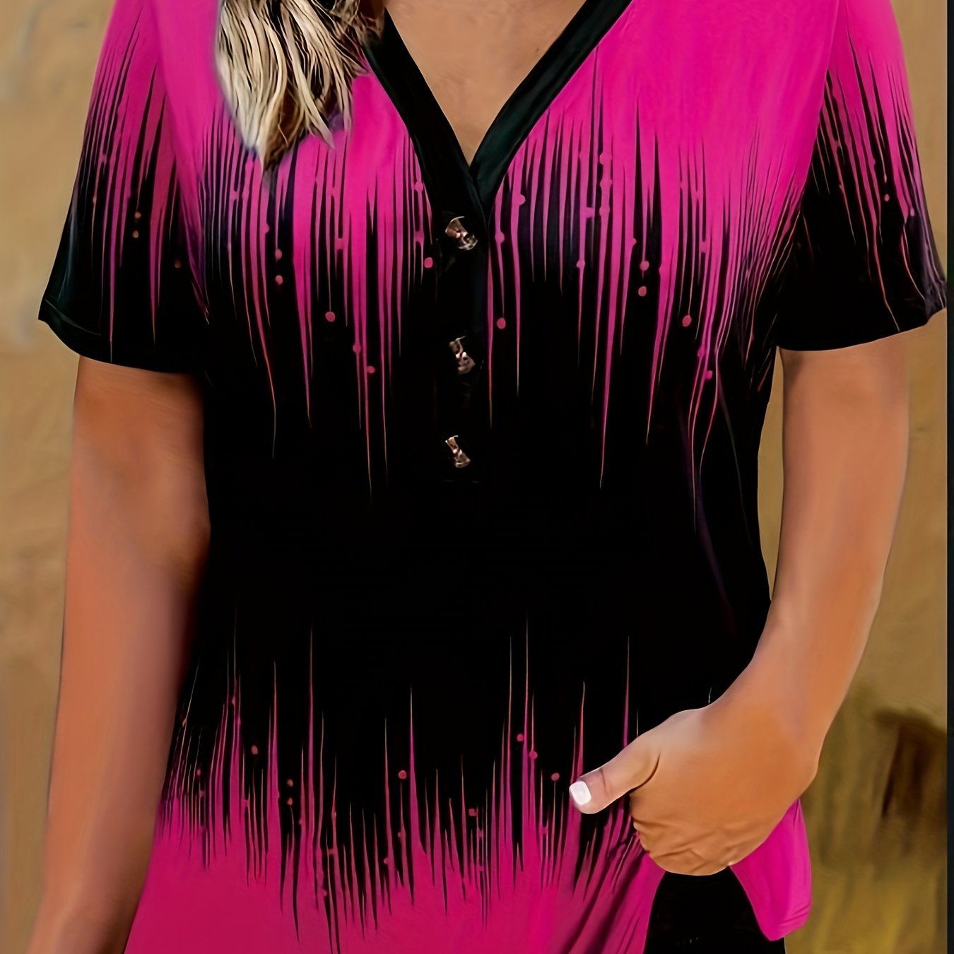 Camiseta de mujer de talla grande con estampado ombré, con botones, casual, de manga corta y cuello en V