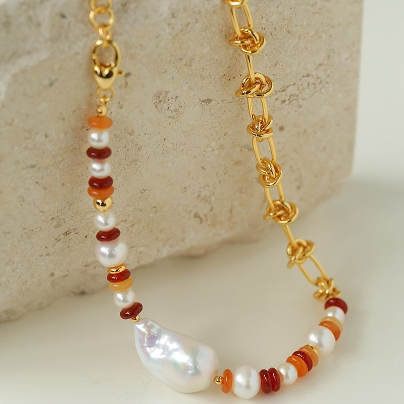 Handcrafted Beaded Necklace with Freshwater Pearls and Colorful Chain for Women