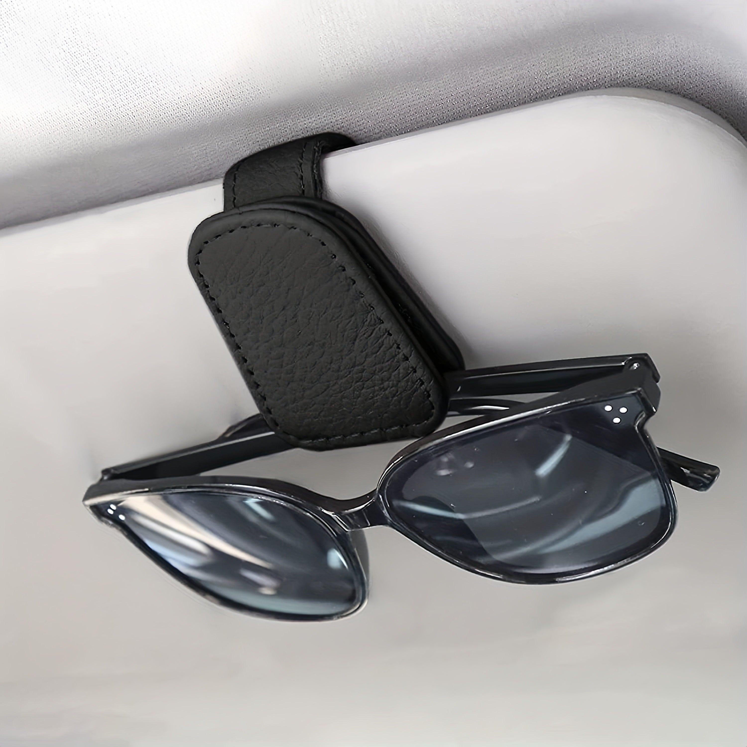 Visor de coche de imitación cuero universal, clip organizador para gafas de sol