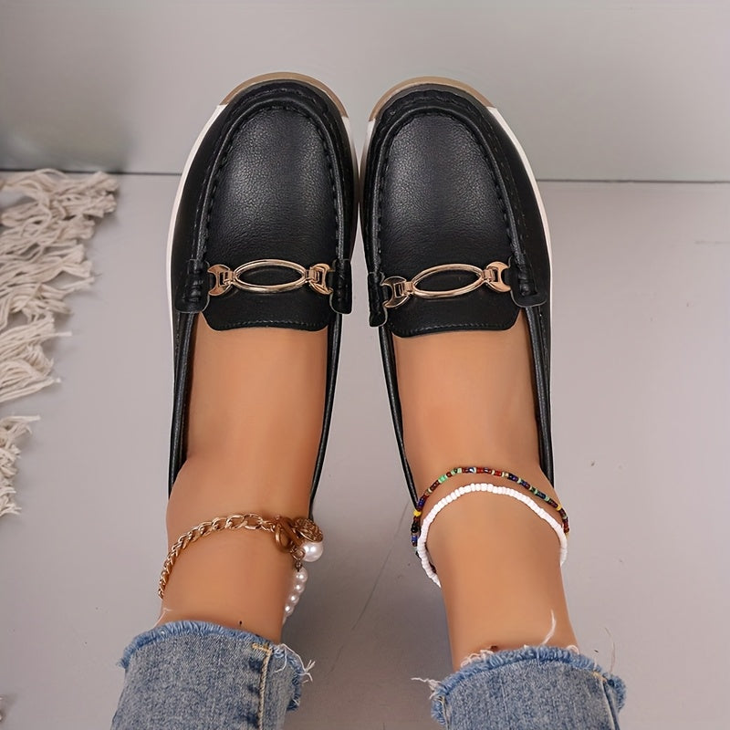 Women's Loafers with Metal Buckle Slip-On Flats Non-Slip Casual Shoes
