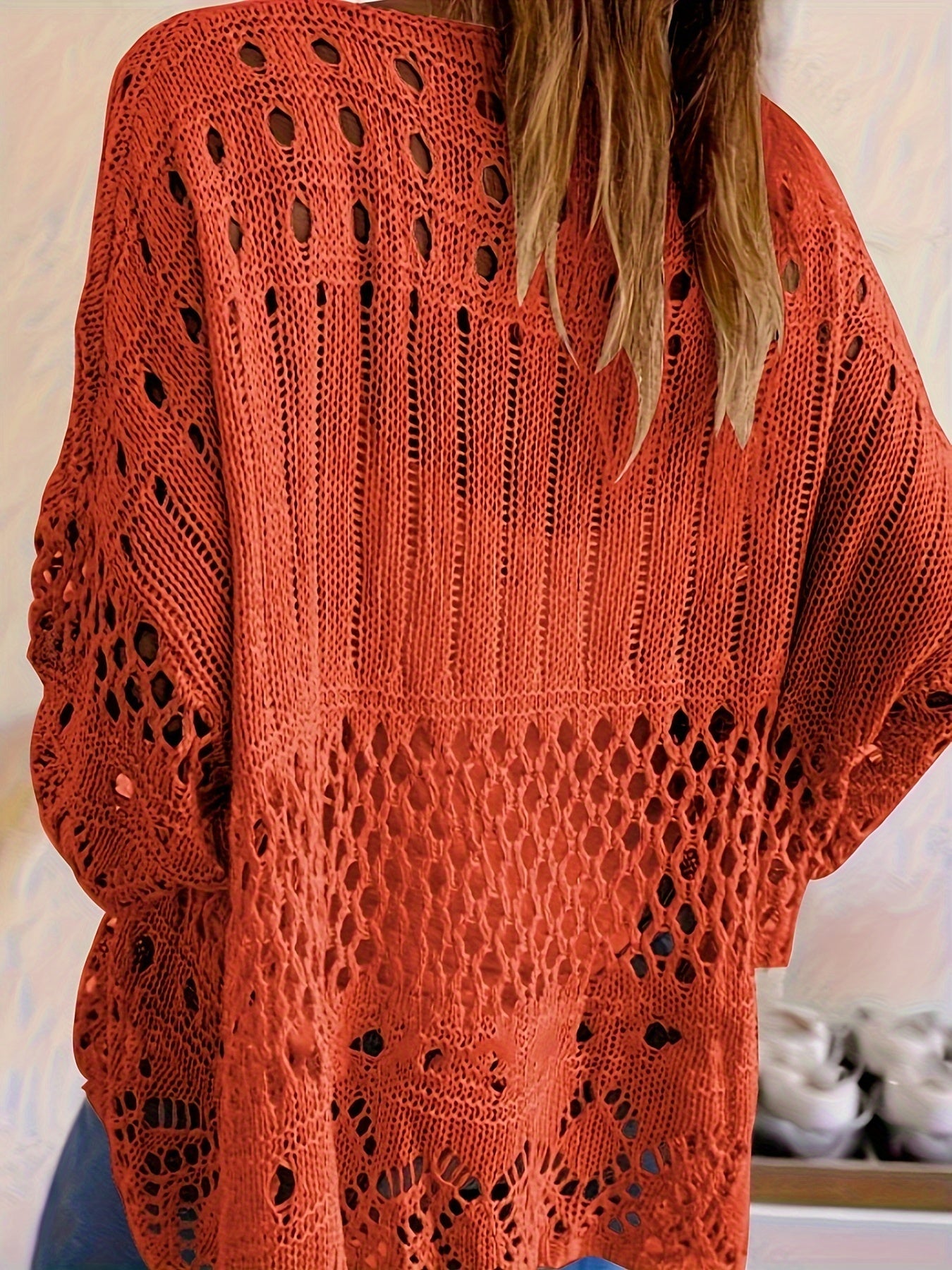 Plus Size Oversized Knitwear Layered Top with Sun Protection and Cut-Out Design