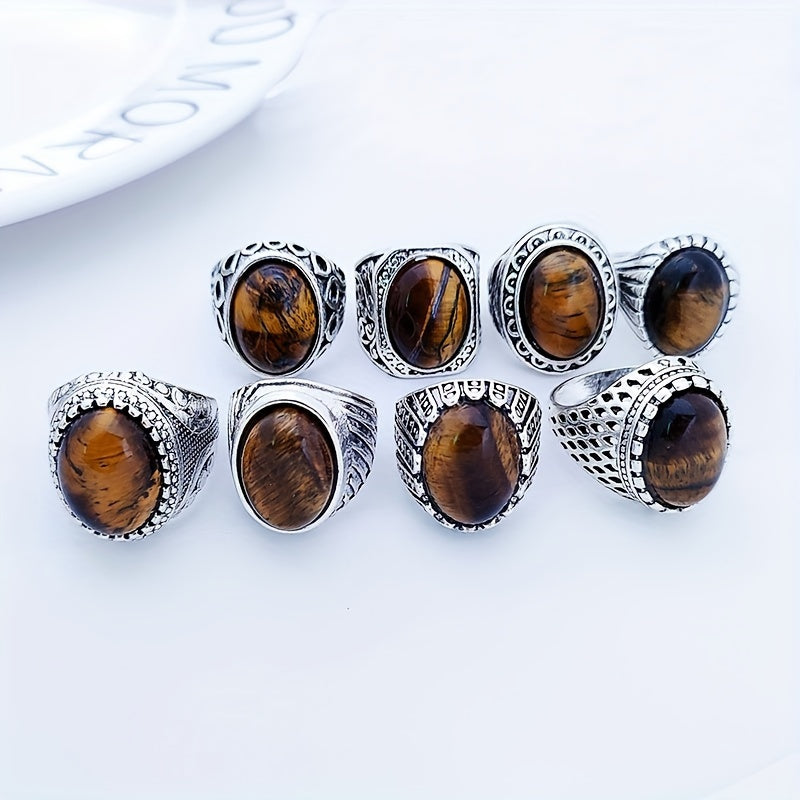 Mijozlar tomonidan eng yaxshi tanlov: 5 ta vintage uslubidagi uzuklar to'plami, tabiiy yo'lbars ko'z toshlari bilan - Sink qotishmasidan tayyorlangan, kundalik va maxsus tadbirlar uchun ideal