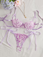 Women's Floral Embroidered Sheer Mesh Lingerie Set with Lace Bralette and Hipster Panties