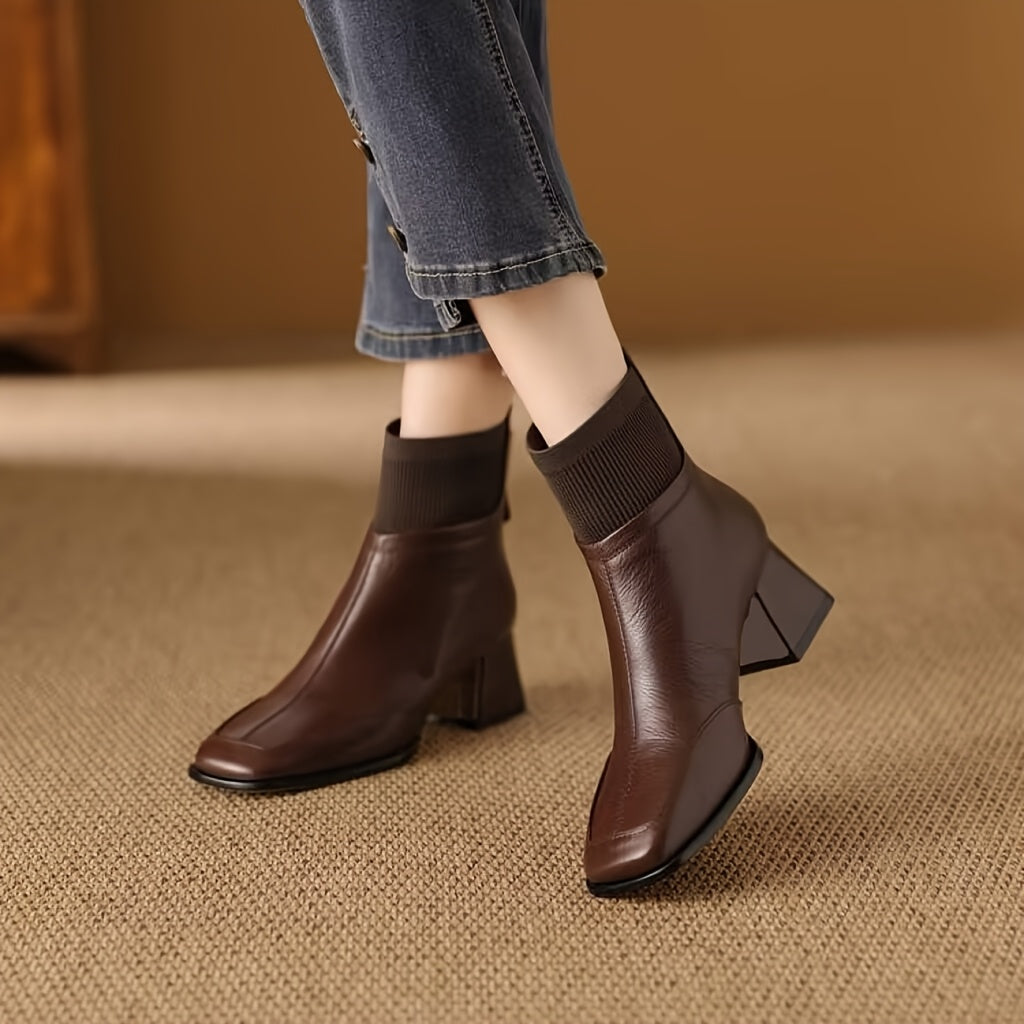 Women Ankle Boots Faux Leather Chunky Heel Elastic Side Brown