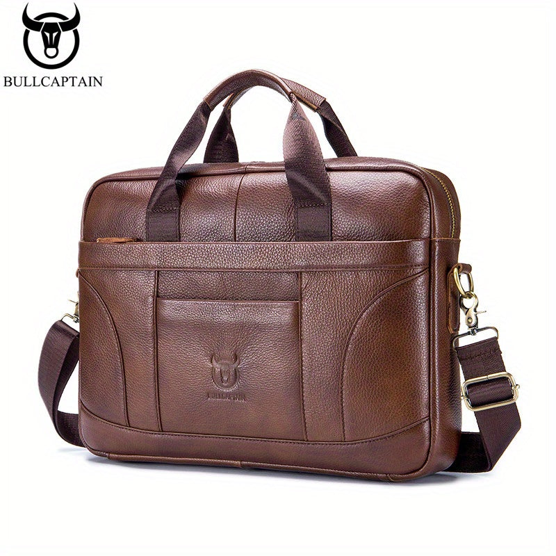 Men's Leather Briefcase Business Messenger Bag with Multiple Compartments and Adjustable Strap in Brown