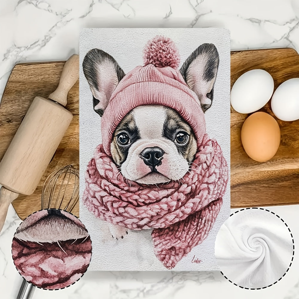Set of 2 Ultra Soft Kitchen Towels with French Bulldog Puppy Design, Absorbent, 40x60 cm