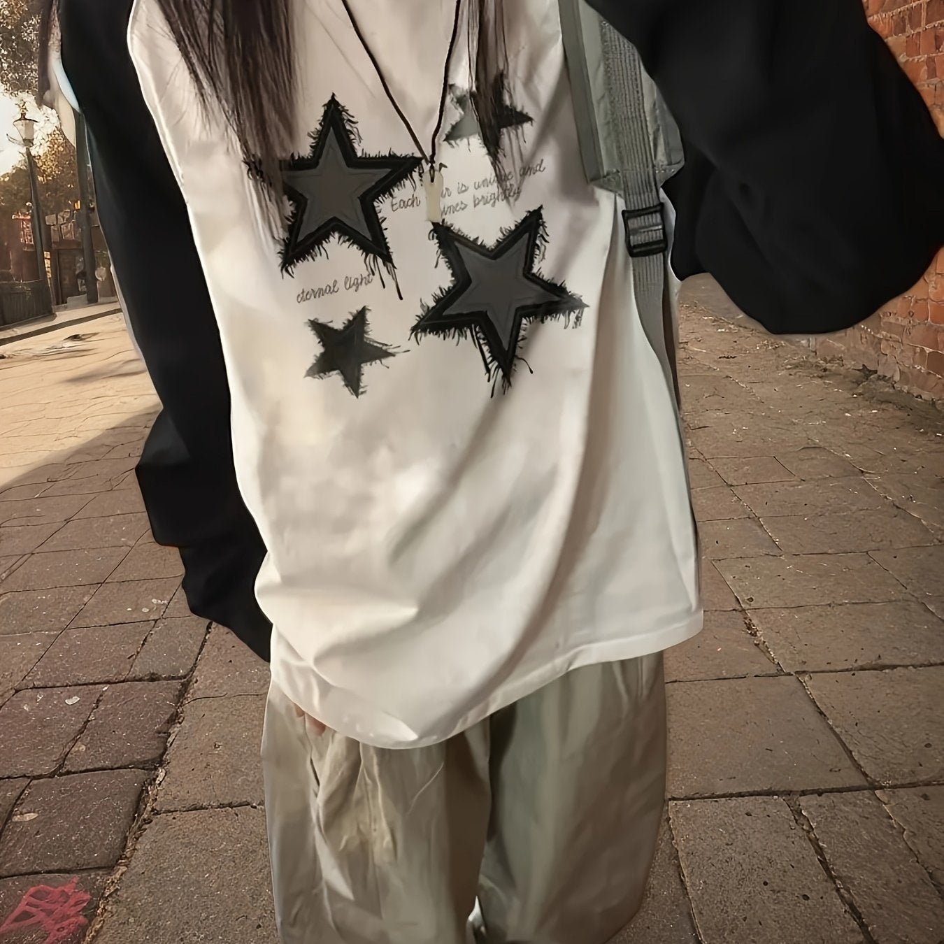 Women's Long Sleeve Raglan T-Shirt Black White Geometric Star Print Knit Polyester-Blend