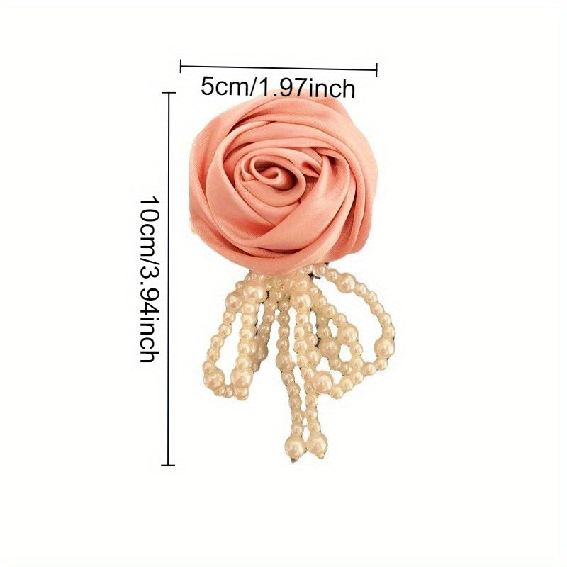 Satin Fabric Rose Brooch and Pearl Bow Hairpin Set for Women