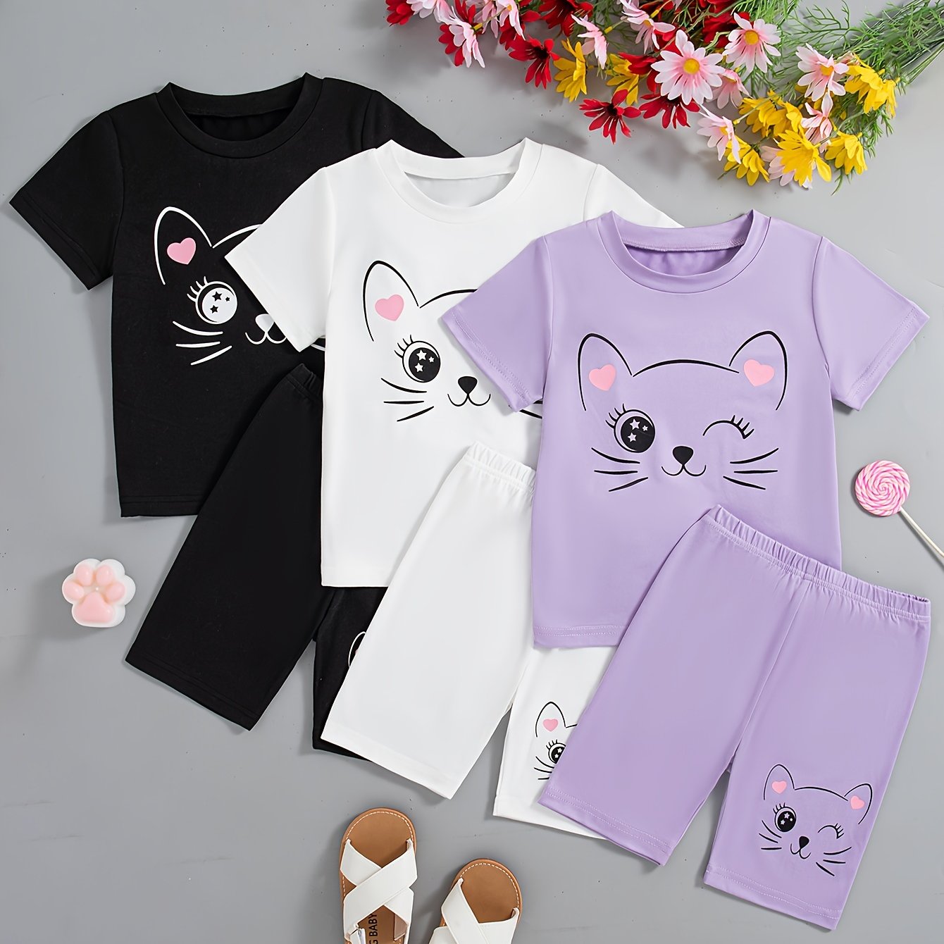 Qizlar uchun 3-qismli Multfilm Mushuk Print To'plami: T-shirtlar + Shortlar yoz uchun