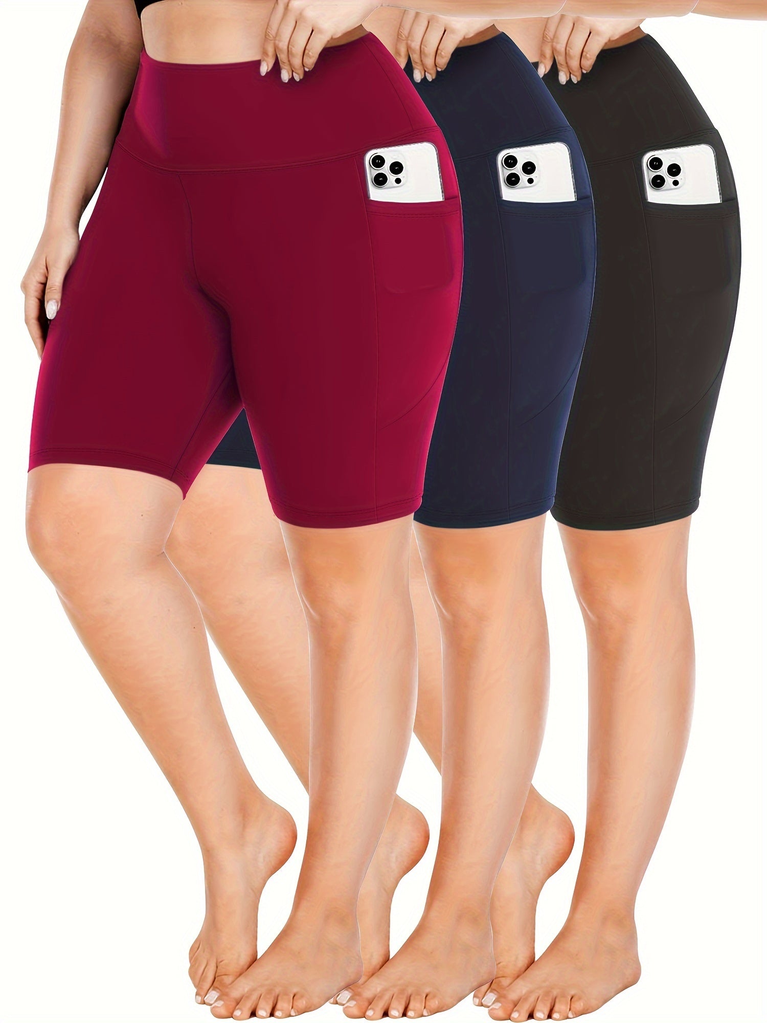 Women's High-Waist Biker Shorts Plus Size Crescent Moon Pockets Stretchy Polyester