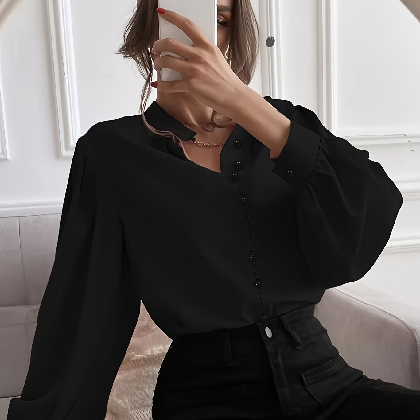 Women's Plus Size Woven Shirt Casual Short Sleeve Polyester Blue