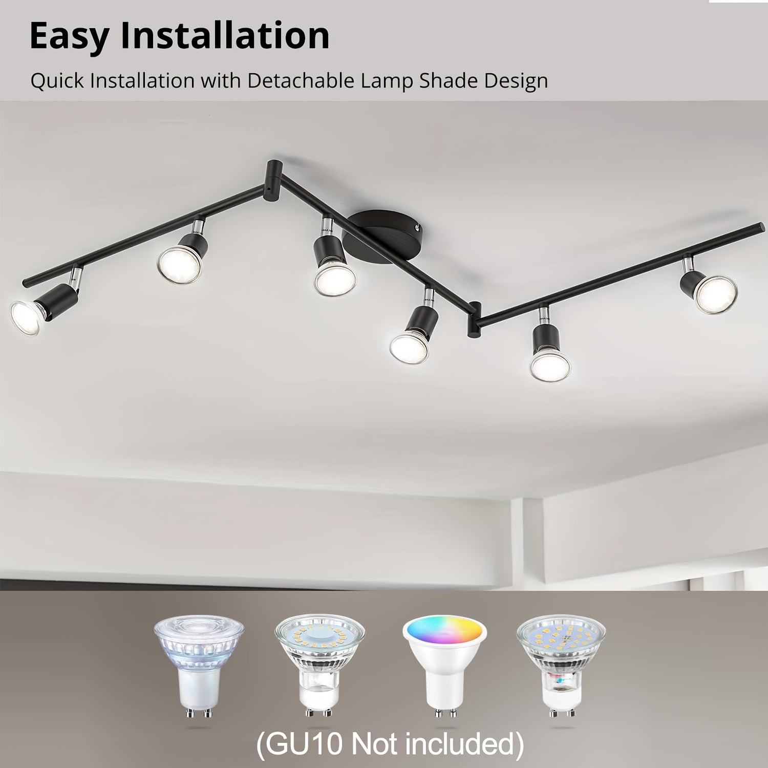 Silver Ceiling Spotlight with 6 GU10 6W LED Bulbs Adjustable for Living Room Kitchen Modern Metal