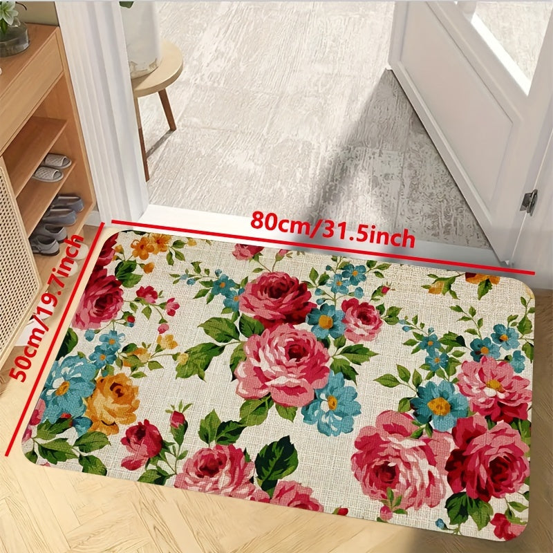 Polyester Kitchen Mat Non-Slip Waterproof Oil-Proof Floral Design Machine Washable Floor Mat