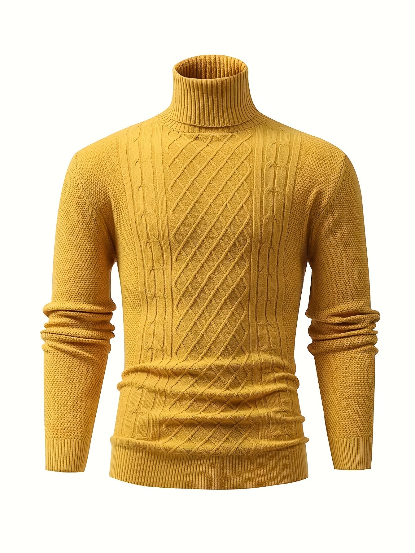 Men's Cable Knit Turtleneck Sweater Fall Winter Long Sleeve Solid Color Stretch Pullover