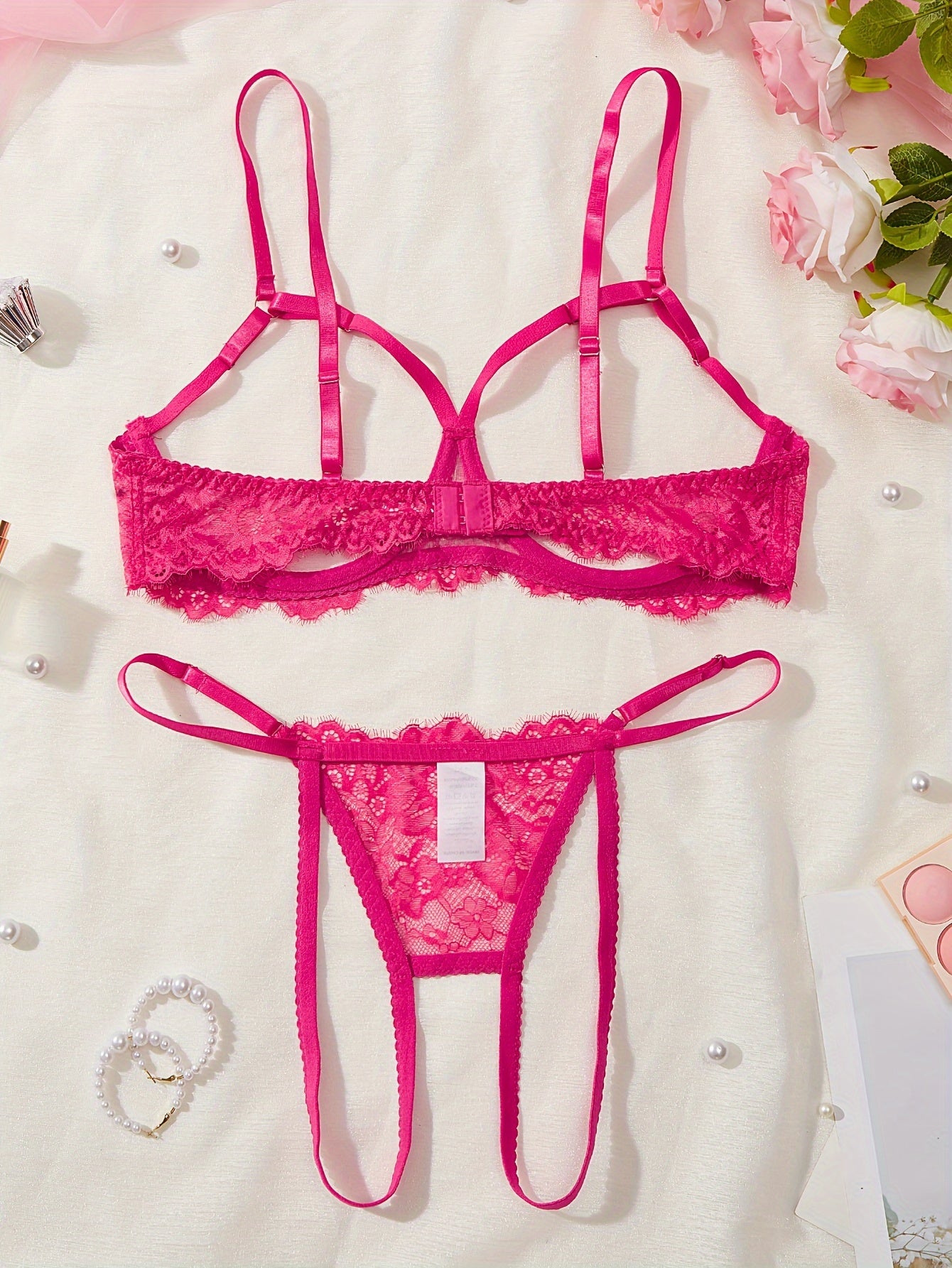 Conjunto de lencería de encaje para tallas grandes de mujer, tanga con escote abierto y transparente